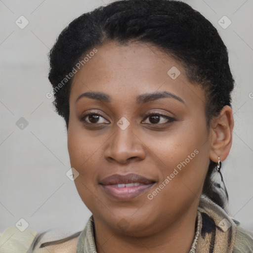 Joyful latino young-adult female with short  black hair and brown eyes