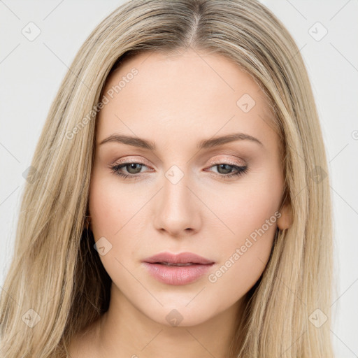 Neutral white young-adult female with long  brown hair and brown eyes