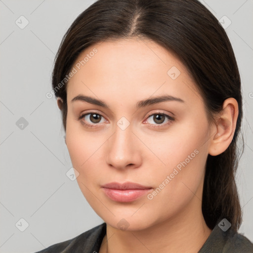 Neutral white young-adult female with medium  brown hair and brown eyes