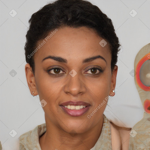 Joyful latino young-adult female with short  brown hair and brown eyes