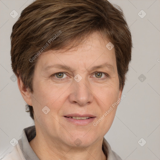 Joyful white adult female with short  brown hair and grey eyes