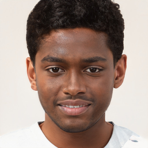 Joyful black young-adult male with short  brown hair and brown eyes