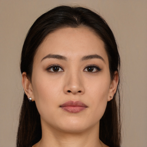 Neutral asian young-adult female with long  brown hair and brown eyes