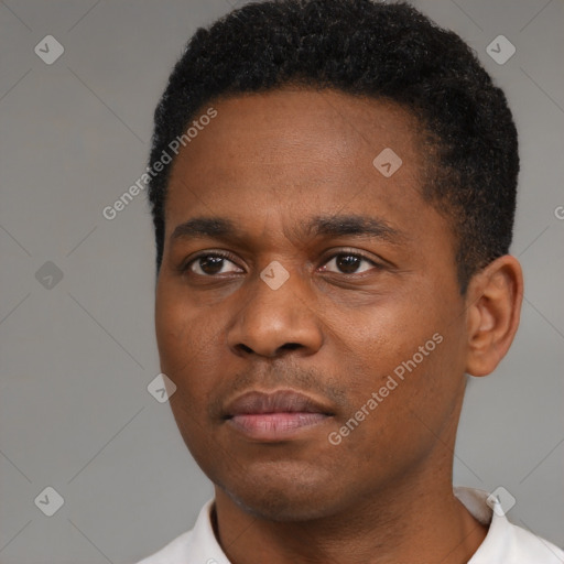 Neutral black young-adult male with short  black hair and brown eyes