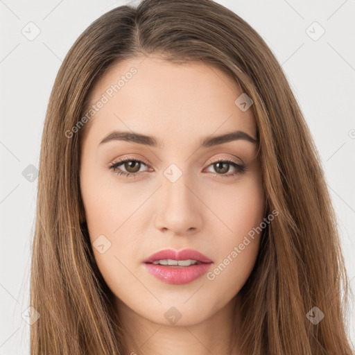 Neutral white young-adult female with long  brown hair and brown eyes