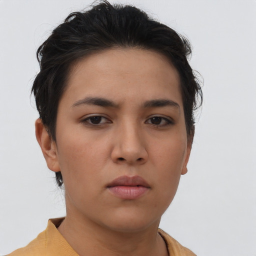 Neutral asian young-adult female with short  brown hair and brown eyes