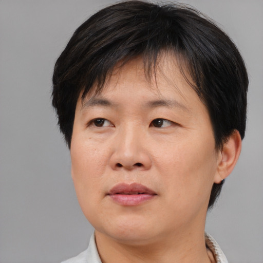 Joyful asian adult female with medium  brown hair and brown eyes