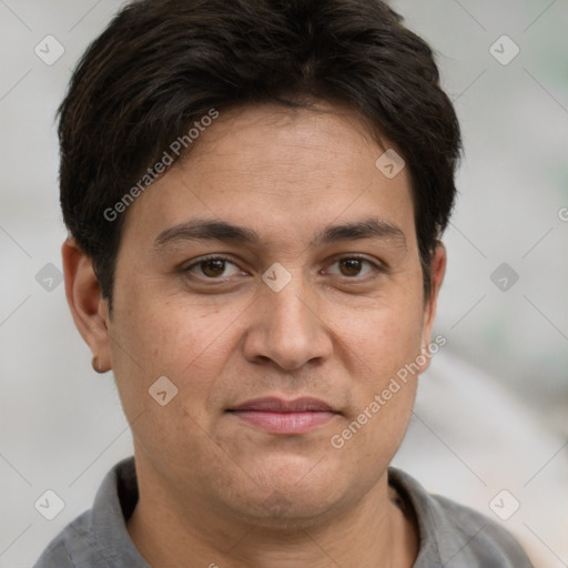 Joyful white adult male with short  brown hair and brown eyes