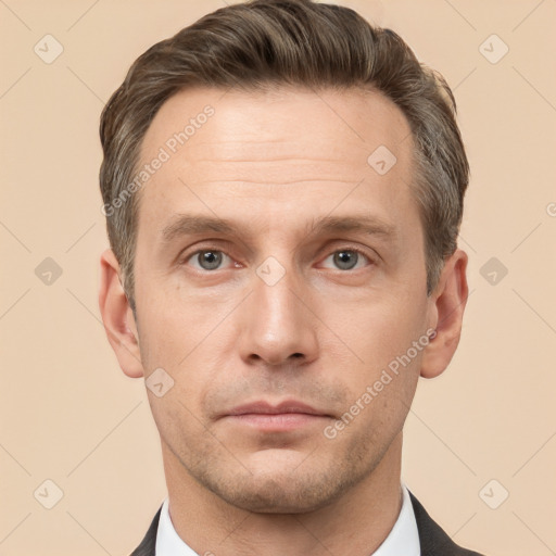 Neutral white adult male with short  brown hair and brown eyes