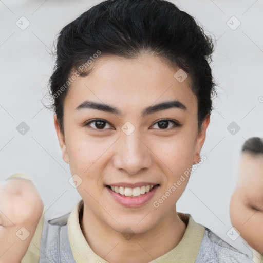 Joyful asian young-adult female with short  brown hair and brown eyes