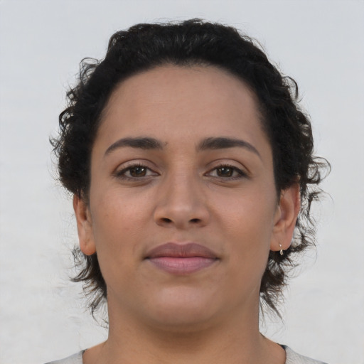 Neutral latino young-adult female with short  brown hair and brown eyes