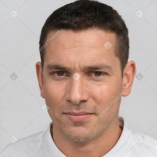 Neutral white adult male with short  brown hair and brown eyes