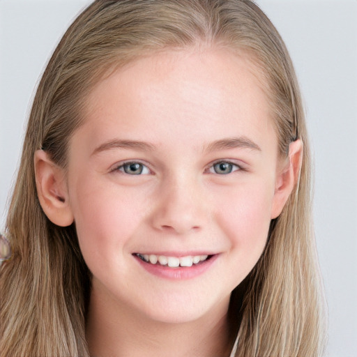 Joyful white young-adult female with long  brown hair and blue eyes