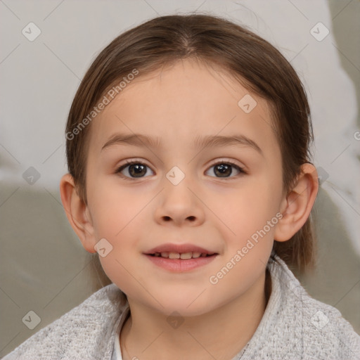 Joyful white child female with medium  brown hair and brown eyes