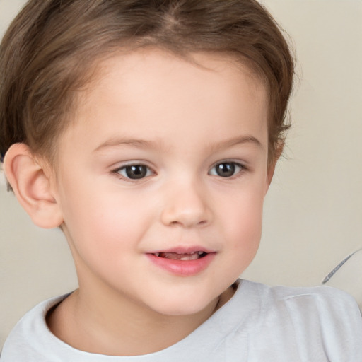 Joyful white child female with short  brown hair and brown eyes