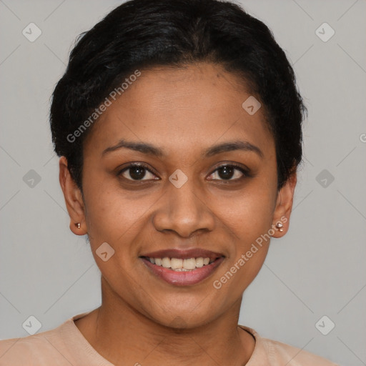 Joyful latino young-adult female with short  black hair and brown eyes