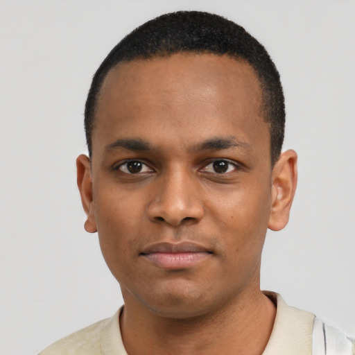 Neutral black young-adult male with short  black hair and brown eyes