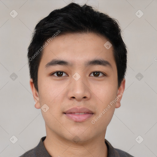 Neutral asian young-adult male with short  black hair and brown eyes