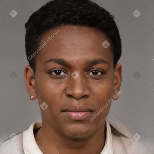 Joyful black young-adult male with short  brown hair and brown eyes