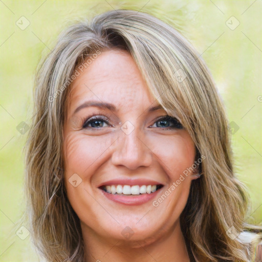 Joyful white young-adult female with long  brown hair and blue eyes