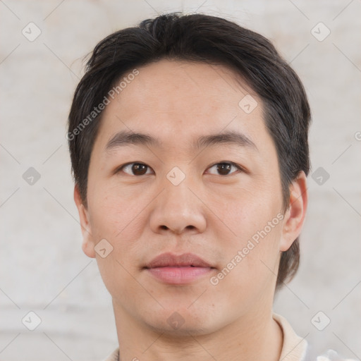 Neutral asian young-adult male with short  brown hair and brown eyes