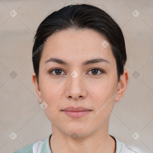 Neutral white young-adult female with short  brown hair and brown eyes