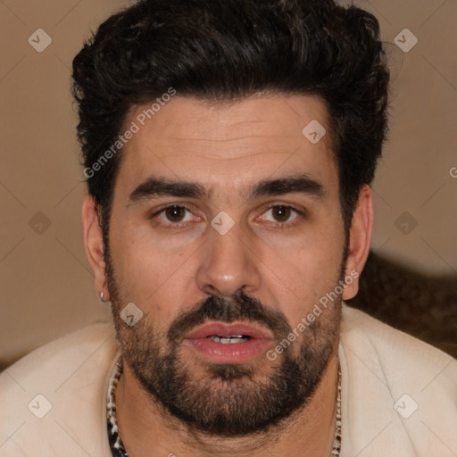 Joyful white young-adult male with short  black hair and brown eyes