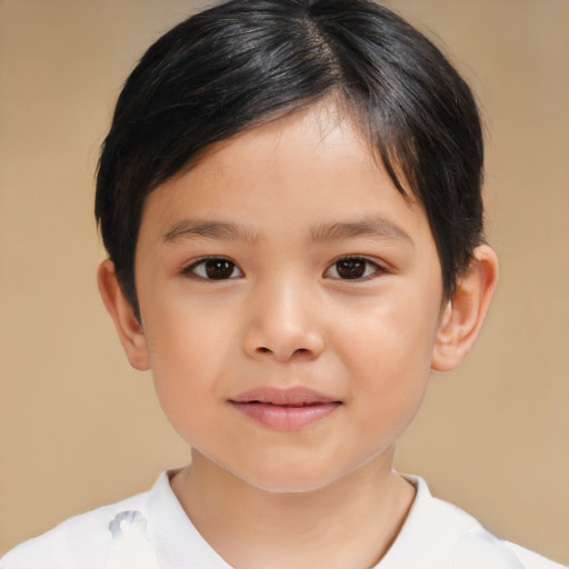 Joyful asian child female with short  brown hair and brown eyes