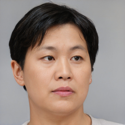 Neutral asian adult female with short  brown hair and brown eyes