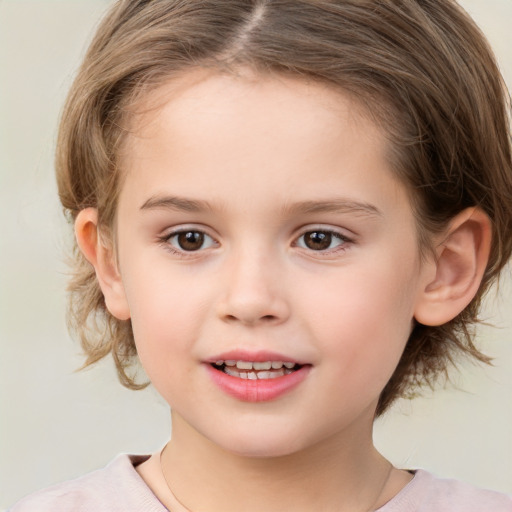 Joyful white child female with medium  brown hair and brown eyes