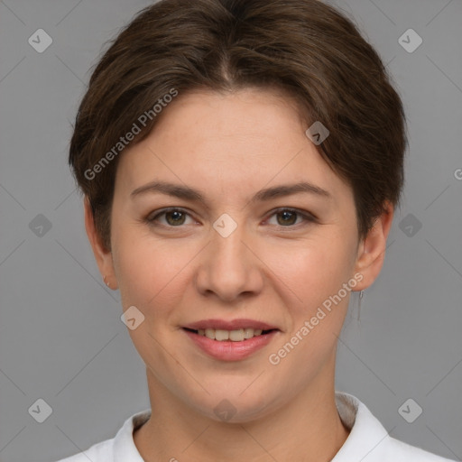 Joyful white young-adult female with short  brown hair and brown eyes