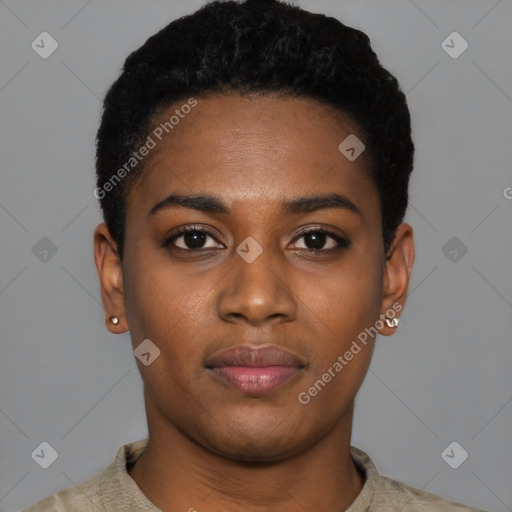 Neutral black young-adult female with short  black hair and brown eyes