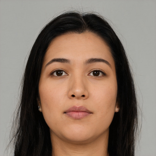 Neutral asian young-adult female with long  brown hair and brown eyes