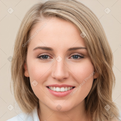 Joyful white young-adult female with medium  brown hair and green eyes