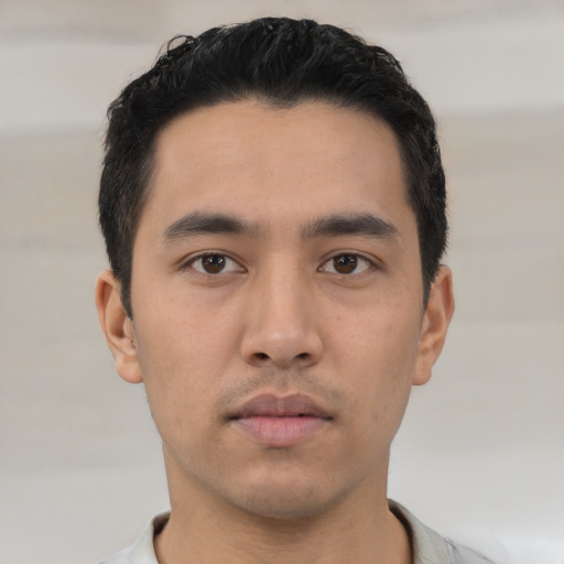 Neutral asian young-adult male with short  black hair and brown eyes