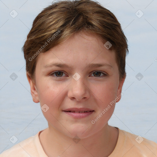 Joyful white child female with short  brown hair and brown eyes