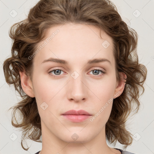 Neutral white young-adult female with medium  brown hair and blue eyes