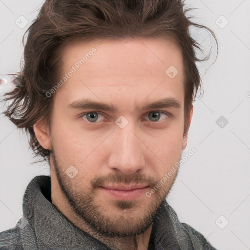 Neutral white young-adult male with short  brown hair and grey eyes