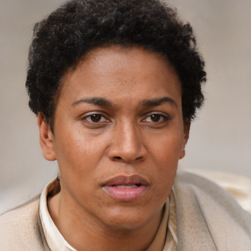 Neutral black young-adult female with short  brown hair and brown eyes