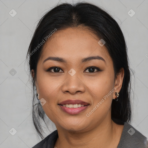 Joyful asian young-adult female with medium  black hair and brown eyes