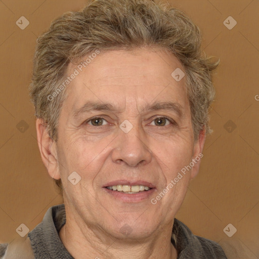 Joyful white middle-aged male with short  brown hair and brown eyes