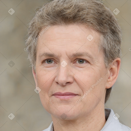 Joyful white middle-aged female with short  brown hair and brown eyes