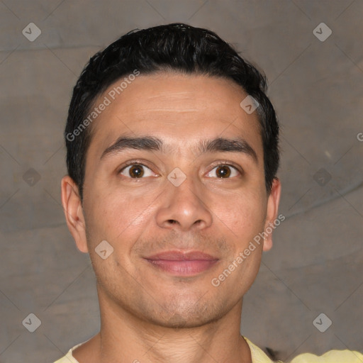 Joyful white young-adult male with short  black hair and brown eyes