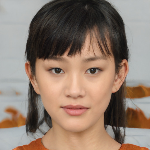 Neutral asian young-adult female with medium  brown hair and brown eyes