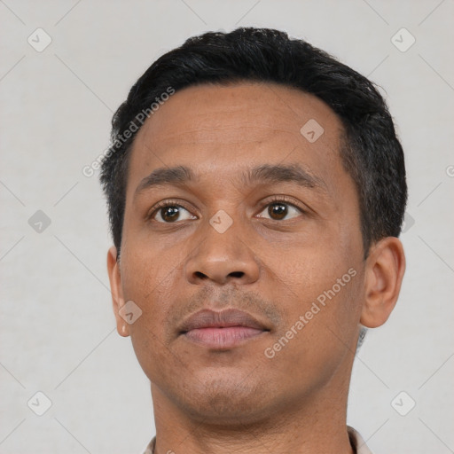 Neutral asian adult male with short  black hair and brown eyes