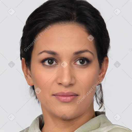 Joyful latino young-adult female with medium  brown hair and brown eyes