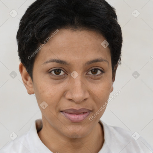 Joyful white young-adult female with short  brown hair and brown eyes