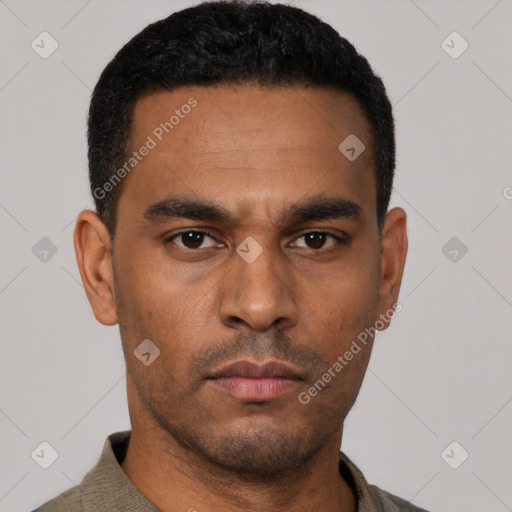 Neutral latino young-adult male with short  black hair and brown eyes