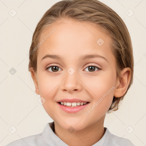 Joyful white child female with medium  brown hair and brown eyes