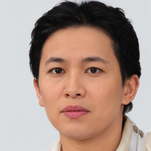 Neutral asian young-adult female with short  brown hair and brown eyes
